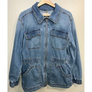 Knox Rose Large Women's Jean Jacket Cinched Waist Large Pockets Blue Denim
